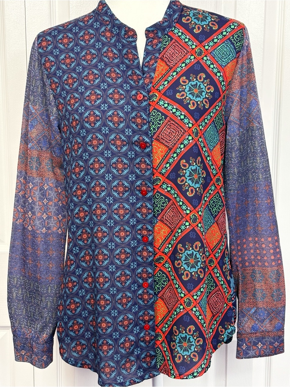 Desigual Blue & Red Multi Print Mixed Media Sheer Button Up Shirt Medium